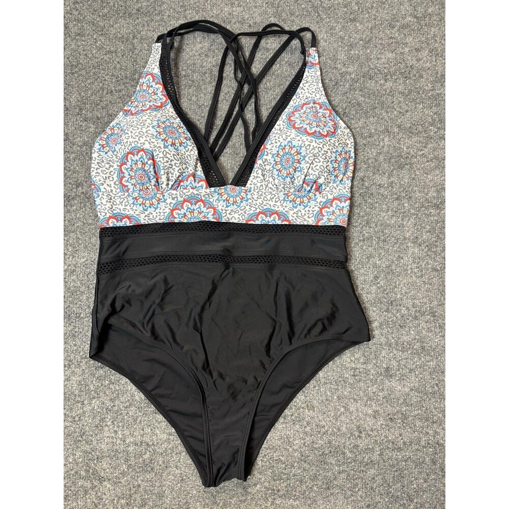 Floral One Piece Swimsuit Womens L Black Print Strappy Padded Lined Stretch